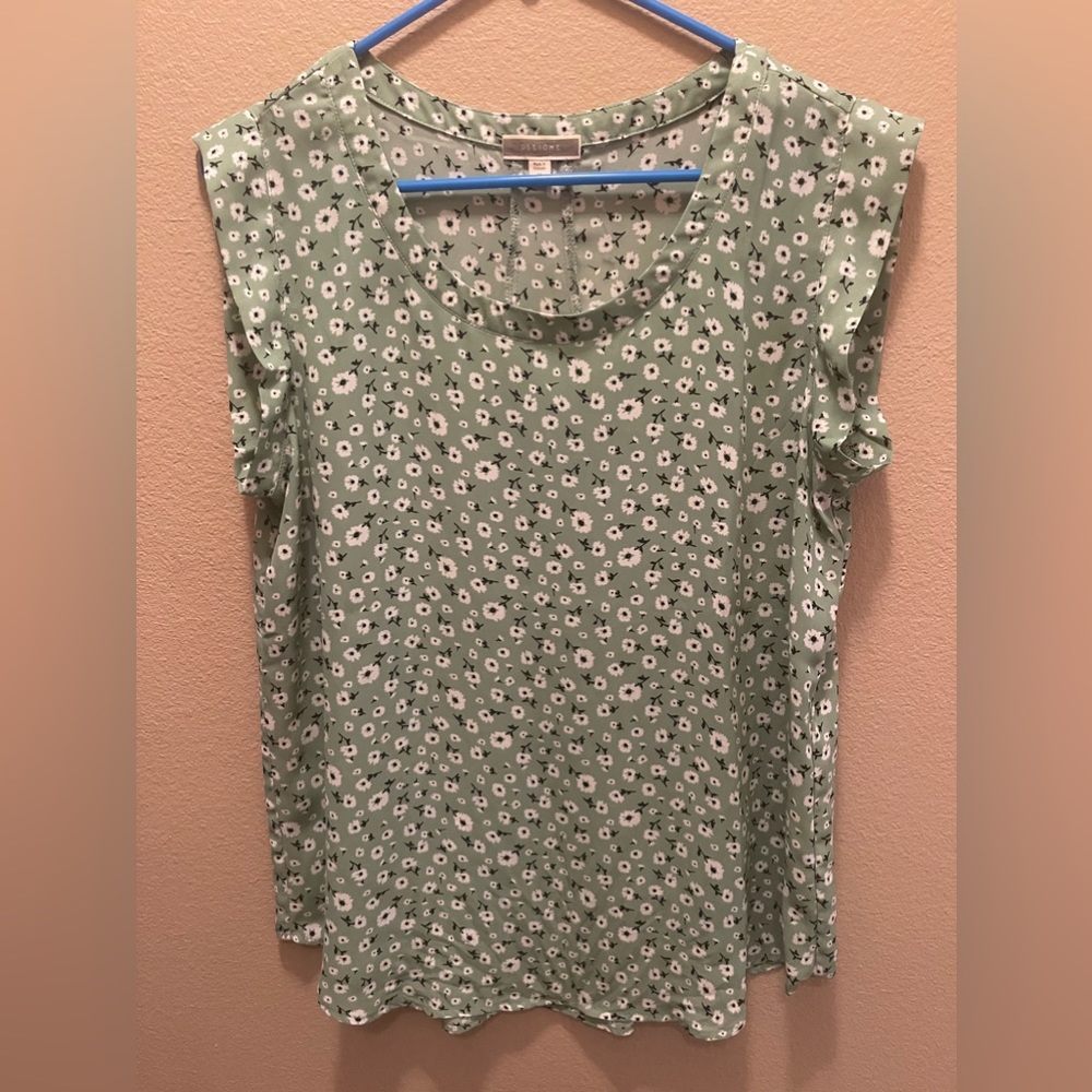 Pleione brand sage green top with white and black floral design